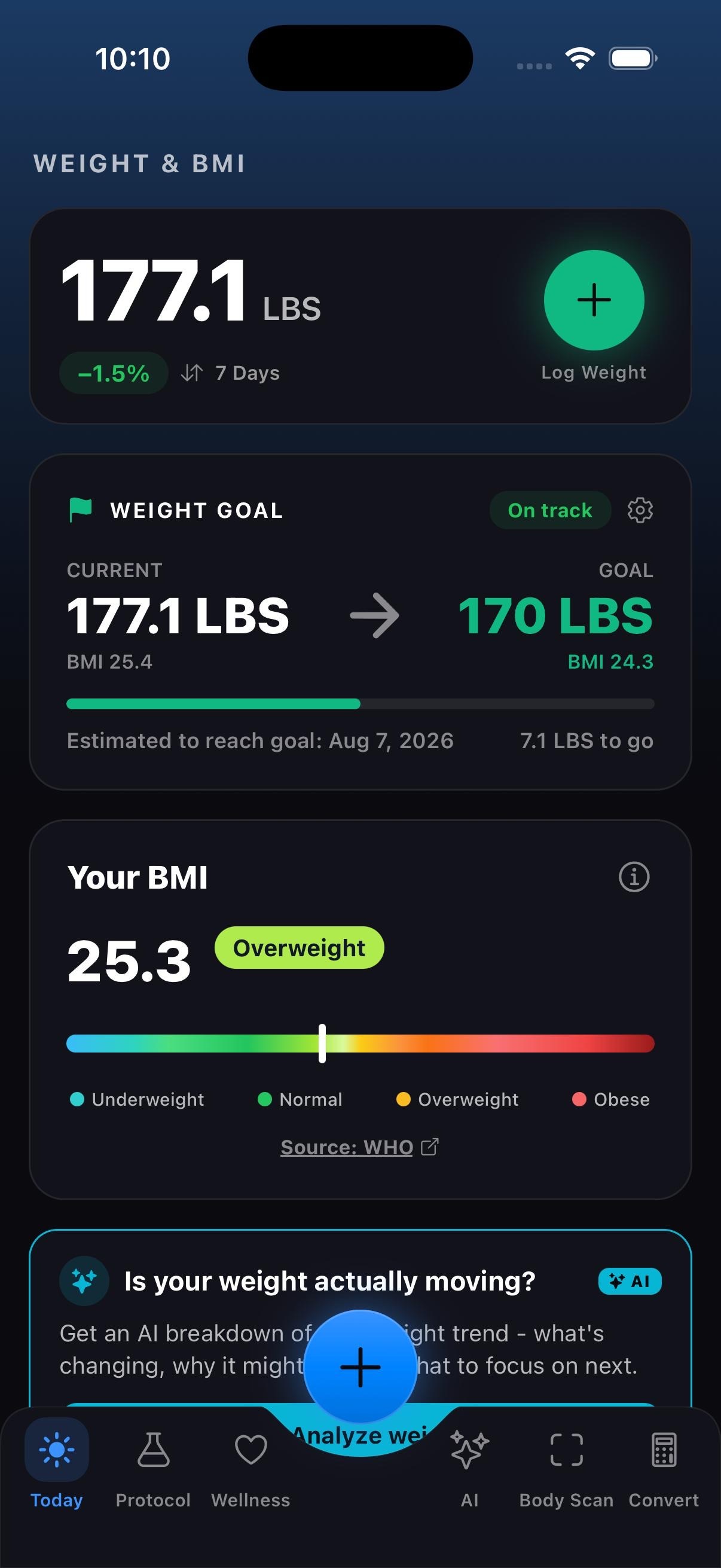 MAX Peptide AI weight & BMI goal screen
